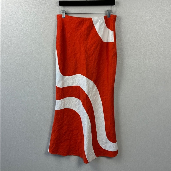 Anthropologie Tilda Linen Maxi Slip Skirt Orange/White Abstract Stretch Waist M - Picture 4 of 8